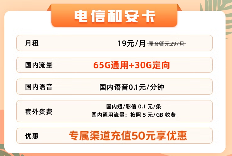 中国电信超良心套餐推荐 电信和安卡19元可享65G通用+30G定向+0.1元/分钟国内语音 充值50享专属优惠