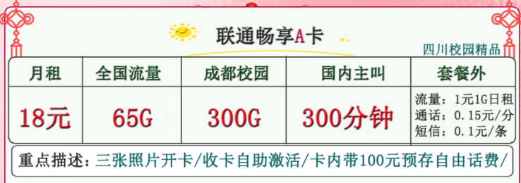 四川成都热卖校园卡套餐 联通畅享卡每月可享300G校园+65G全国+300分钟国内主叫 首年仅需18月租